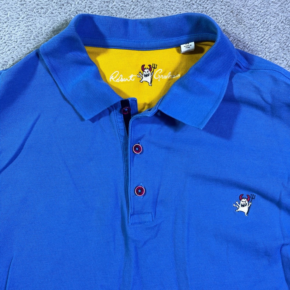 Robert Graham Mens Blue Yellow Classic Fit Polo Shirt Short Sleeve‎ Graphic M
